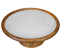 Table basse artisanale en bois de manguier massif, forme ronde avec plateau en marbre, base robuste, blanc et naturel