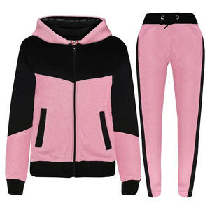 Women's <b>Pink</b> Black Color Blocking Hooded <b>Tracksuit</b> Set Full Sleeve Zipper Casual Jogger Pants Breathable Polyester Cotton - Product Image 1