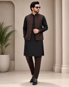 Ensemble Kurta Pyjama Traditionnel en Coton pour Homme avec Gilet Marron – Style Indien et Pakistanais, Coupe Droite, Longueur Cheville, Tenue Décontractée - Product Image 3