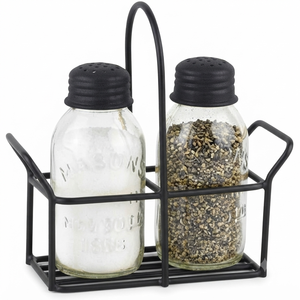 Rustic Metal Salt and Pepper Shaker Set with Glass <b>Jars</b> and Iron Caddy Holder for Kitchen Countertop Use Handmade - Product Image 6