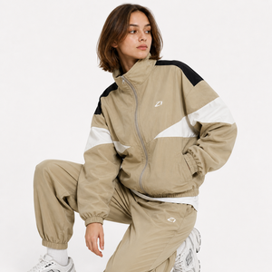 Women’s Beige Color Block Track Men's <b>Jackets</b> Wholesale <b>Lightweight</b> Zip Up Sportswear Training Windbreaker Set OEM Manufacturer - Product Image 4