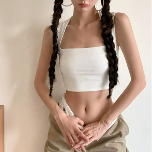 Nuevo Top Deportivo Corto con Cuello Cuadrado y Hombros Anchos Estilo INS para Mujer, Color Blanco - Product Image 2