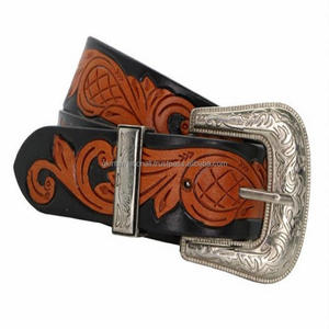 Top Selling Wholesale Price Hand Carved Floral Design <b>Men's</b> Fashion Western Leather Tooling <b>Belt</b> with Silver 3 Piece Buckle - Product Image 3