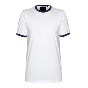 <b>Men's</b> White Short Sleeve O-Neck <b>T</b>-<b>Shirt</b> With <b>Navy</b> <b>Blue</b> Contrast Trim Regular Fit Casual Solid Color Jersey Knitted - Product Image 1
