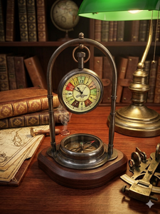 Antique Brass Mechanical Compass Desk <b>Clock</b> Hourly <b>Chiming</b> Silent Movement Vintage Nautical Design Wooden Base for Home Office - Product Image 1