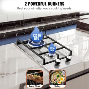 Piano Cottura a Gas da 12 Pollici con 2 Bruciatori, Max 12250 BTU, in Acciaio Inox, Installazione a Tavolo, Convertibile GPL/Gas Naturale, Doppio Combustibile - Product Image 3