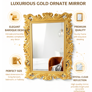 Miroir mural baroque de luxe en or avec cadre sculpté orné de motifs |   Miroir décoratif vintage royal pour la décoration du salon - Product Image 5