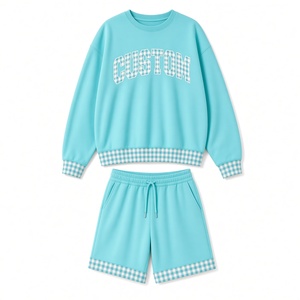 Ensemble short 2 pièces vert olive pour femme, sweat-shirt à col rond avec bordure à carreaux, imprimé lettres, tenue décontractée printemps-été - Product Image 6