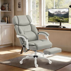 Sedia da Ufficio Grigio Chiaro con Schienale Alto, Massaggio Vibrante, Riscaldamento, Reclinabile, Ruote Girevoli, Telecomando e Poggiapiedi - Product Image 2