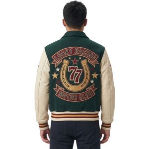 Vestes universitaires personnalisées en cuir véritable vert forêt avec appliques crème et corps 100% laine, vestes Letterman - Product Image 2