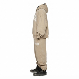 Custom Beige Washed Distressed <b>Oversized</b> Hoodie and Jogger <b>Sweatpants</b> Men Two Piece Streetwear Tracksuit Set - Product Image 4