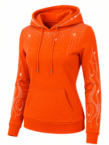 Rhinestone Women's <b>Orange</b> Rhinestone <b>Hoodie</b> Vibrant <b>Orange</b> 100% Cotton French Terry Fleece Pullover Matching Drawstring OEM - Product Image 3