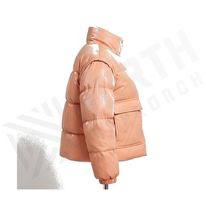 <b>Peach</b> Quilted Jacket Full Sleeve Stand Collar Zipper Closure Windproof Winter Short Length Polyester Shell Thick Padding - Product Image 3