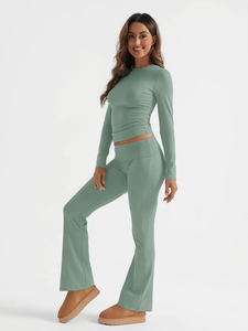 Women's Eco-Friendly Breathable 2-Piece Workout <b>Set</b> Half Sleeve Shirts Fold Over Yoga Pants with Solid Pattern <b>Lounging</b> Outfits - Product Image 3