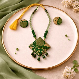 Eco Friendly <b>Green</b> Muga <b>Silk</b> Necklace Set with Crystal Beads Pendant Lightweight Traditional Jewelry Available At Best Price - Product Image 1