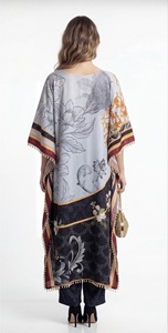 Vestido Largo Kaftán de Poliéster y Seda con Estampado y Cuello en V para Mujer, Transpirable, Holgado, Elegante, Fluido, Estilo Modesto, para Verano - Product Image 3