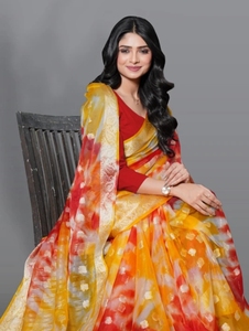KV Printed Bandhani Organza <b>Saree</b> (<b>Red</b>) - Product Image 1