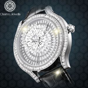 Reloj Unisex de Lujo Charm_Jewells, Caja Redonda de Acero Inoxidable de 40 mm, Cuarzo Analógico, Bisel con Diamantes, Correa de Cuero, Diseño Hueco - Product Image 5