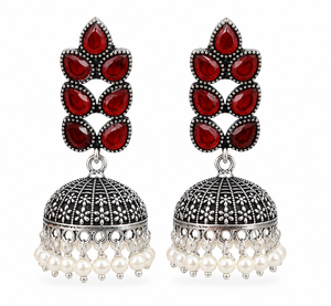 Pendientes Jhumka Bohemios de Latón Plateado con Ónix, Estilo Antiguo, Venta al por Mayor |   Pendientes de Perlas de Imitación Étnicas Indias Hechos a Mano para - Product Image 1
