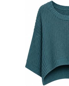 Teal <b>Womens</b> Oversized Knitted Crop Top Loose Fit Short Sleeve Summer Breathable Lightweight Casual Fashion Pullover Sweater - Product Image 2