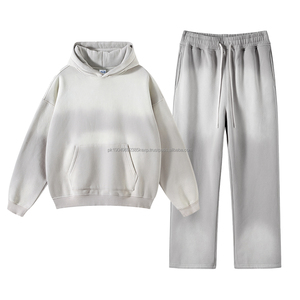 Gran oferta personalizado bordado impreso francés Terry algodón 360GSM Vintage Spray teñido apilado Legging pantalones de chándal y conjunto de sudaderas con capucha - Product Image 1