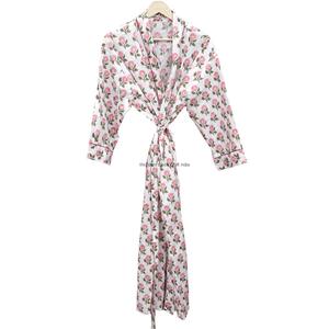 Kimono de punto 100% algodón orgánico personalizable, con cuello en V, cierre de cinturón, largo completo, estampado floral bohemio, de secado rápido y transpirable para mujer - Product Image 4