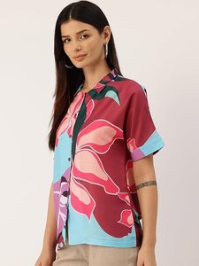 Chemise de plage décontractée pour femmes, imprimé floral tropical, col en V, manches courtes, boutonnée, haut doux - Product Image 2