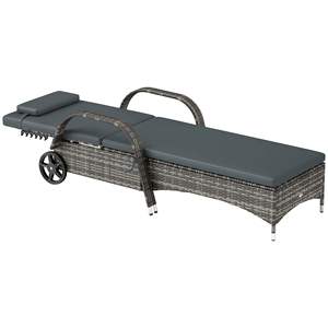 Sedia da piscina in Rattan nero con cuscino e poggiatesta con ruote con Chaise Lounge da esterno regolabile a 5 livelli con cuscino e poggiatesta - Product Image 1