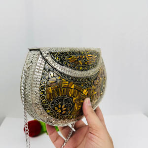 Luxury Modern Antique Polished Handmade Evening Party <b>Purse</b> <b>Yellow</b> Beaded Mosaic Sculpture Clutch Bag Gold-Plated Aluminium - Product Image 3