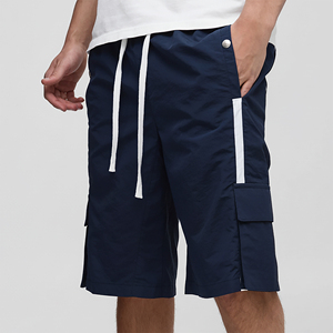 Shorts cargo bleu marine pour homme, couleur unie, séchage rapide, respirant, 100% coton, taille élastique, décontracté, longueur Bermuda avec poches - Product Image 1