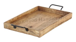 Plateau de service ovale en bois de manguier rustique avec poignées en métal Plateau décoratif marron clair fait à la main pour un usage domestique à prix fiable - Product Image 6