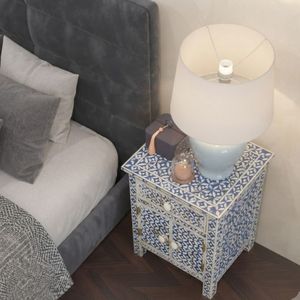 Table de chevet moderne en bois massif à motifs bleus et blancs avec tiroir et portes pour chambre à coucher - Product Image 4