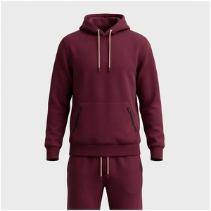 Ensemble de survêtement bordeaux à capuche pour homme, manches longues, couleur unie, coupe décontractée, idéal pour l'automne, avec logo frontal et poches latérales - Product Image 1