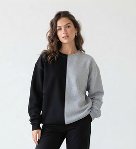 Sweat-shirt femme à blocs de couleur, col rond, manches longues, coupe oversize, design asymétrique, style automne, tricoté en coton et fibre de bambou - Product Image 1