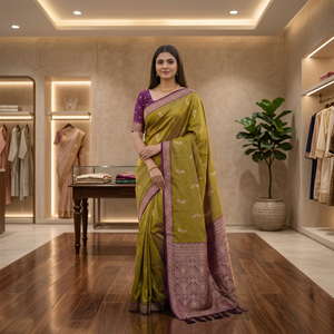 Sari indien traditionnel en soie Banarasi pour femmes, avec bordure en soie, longueur au sol, tissage Banarasi, tenue de soirée - Product Image 1