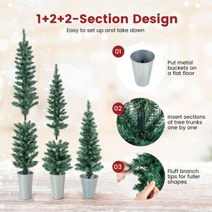 Set di 3 Alberi di Natale Artificiali Preilluminati con Secchielli in Metallo Argentato, Luci Calde in PE Premium per Uso Interno - Product Image 3