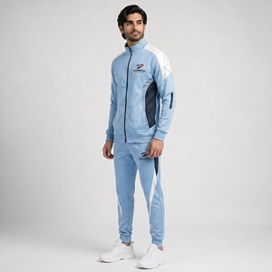 Conjunto deportivo cómodo para hombre con pantalones de cintura elástica y chaqueta con cremallera completa, diseñado para entrenamiento físico y uso diario. - Product Image 4
