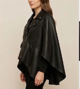 Chaqueta de cuero negra para mujer, estilo poncho, chaqueta de motociclista, capa oversize moderna con detalles de cremallera, moda de invierno, ropa urbana premium - Product Image 3