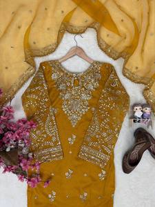 <b>Women's</b> Mustard Embroidered <b>Kurta</b> Set With Gold Thread Work Floor-Length Traditional Indian Pakistani Wear All Seasons - Product Image 6