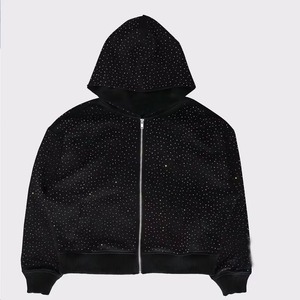 Unisex Rhinestone Print Embroidered Plain Dyed Breathable <b>Waterproof</b> <b>Hoodie</b> 100% Cotton Street-wear Zip-Up Pocket - Product Image 1