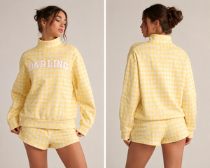 Sweat-shirt col roulé jaune à carreaux pour femme, tricoté décontracté à manches longues avec imprimé lettres sur le devant, idéal pour le printemps - Product Image 2