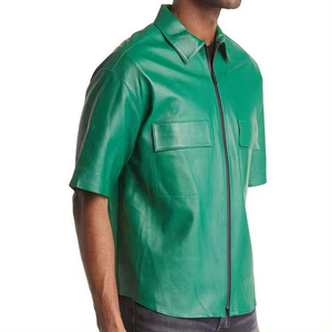 Men's Green Short Sleeve PU Leather Zipper <b>Shirt</b> Turn-Down Collar Workwear Style Solid Color Casual Summer Wear - Product Image 1