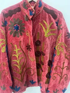 Premium Red <b>Velvet</b> Embroidered Suzani Jacket Floral Pattern Full Sleeve Stand Collar Handmade Bohemian Style Winter <b>Coat</b> - Product Image 2