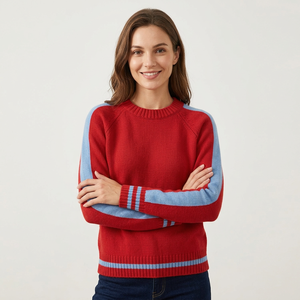Pull à col rond pour femme, couleur rouge, à blocs de couleur, manches longues, tricoté, décontracté, pour l'automne, 100% acrylique, 280g, personnalisable, marque - Product Image 3