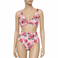 Set Bikini Cetak Bunga Pinggang Tinggi Desainer untuk Wanita, Baju Renang Dua Potong V-Neck, Pakaian Renang Pantai Custom untuk Kolam Renang