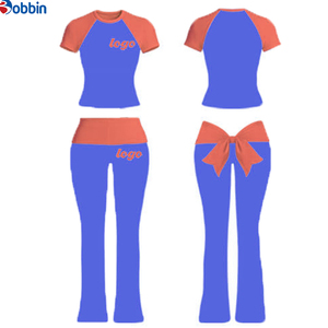 Conjunto de Verano de 2 Piezas para Mujer con Logotipo Personalizado, Diseño de Lazo, Manga Corta, Cintura Plegable y Pantalones Acampanados, en Algodón Ecológico - Product Image 6