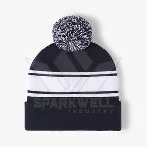 Sparkwell Industry Bonnet tricoté unisexe à rayures noires et jaunes avec pompon, casquette d'hiver décontractée pour adulte 56-58CM - Product Image 2
