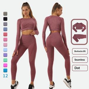 Nouvel Arrivage Ensemble 2 Pièces Sans Couture Respirant pour Femme, Idéal Yoga : Haut Manches Longues Uni et Legging Court Taille Haute Moulant - Product Image 4