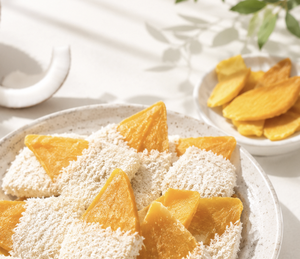 Crispy Coconut Flakes and 65% Cocoa White Chocolate on Soft Dried Mango Slices for Tropical Gourmet Snacking - Product Image 1
