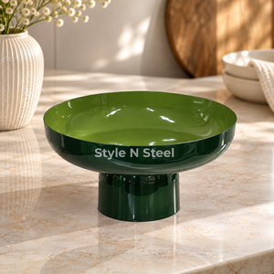 Green Enamel <b>Metal</b> Pedestal <b>Bowl</b> Round Footed Serving Dish Polished Decorative Plate for Table Centerpiece - Product Image 2
